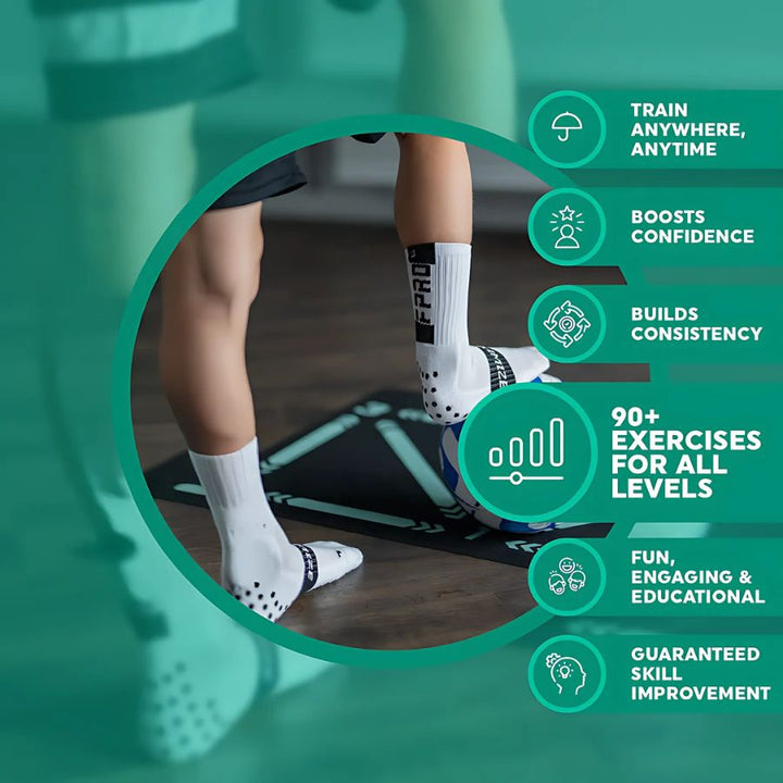 "Football Pro Youth Training Mat for home use, 90cm x 60cm, enhances skills with video program and high-friction surface."