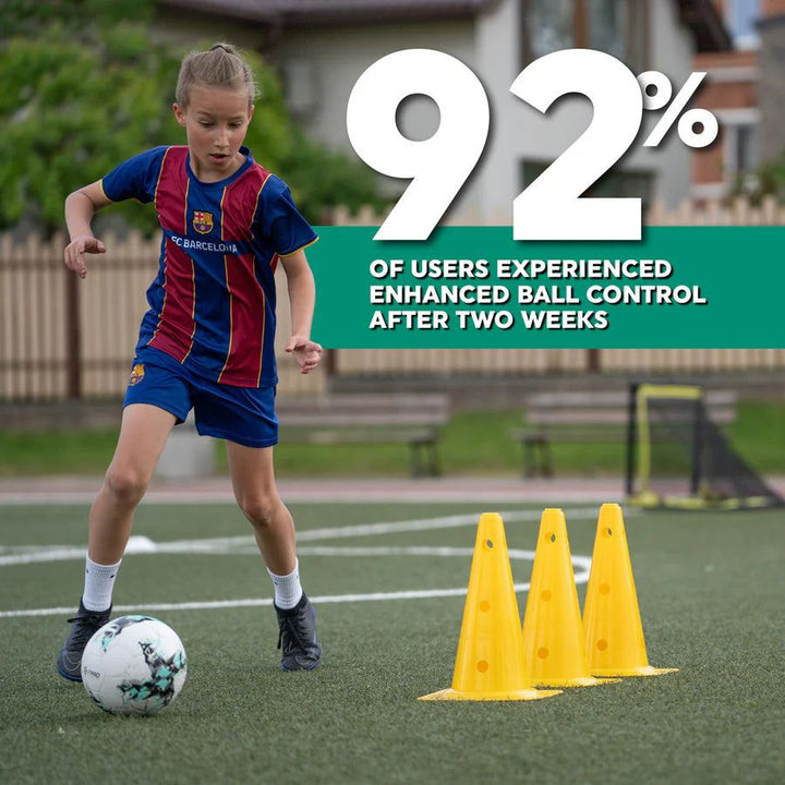 "Football Pro Youth Training Mat for home use, 90cm x 60cm, enhances skills with video program and high-friction surface."
