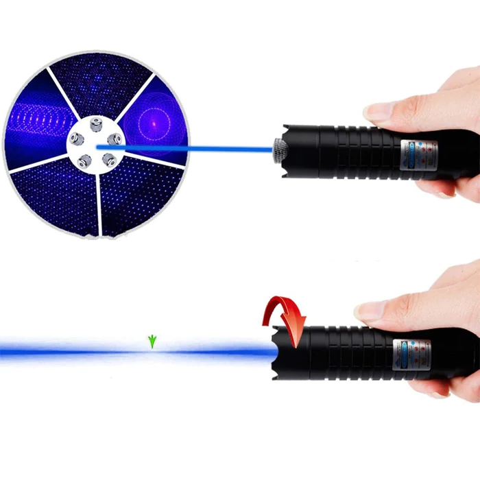 Front view of BlazeMaster Tactical Laser Torch, blue laser, sleek design, compact outdoor tool, technology & gadgets.