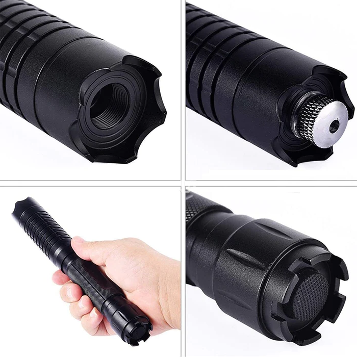 Front view of BlazeMaster Tactical Laser Torch, blue laser, sleek design, compact outdoor tool, technology & gadgets.