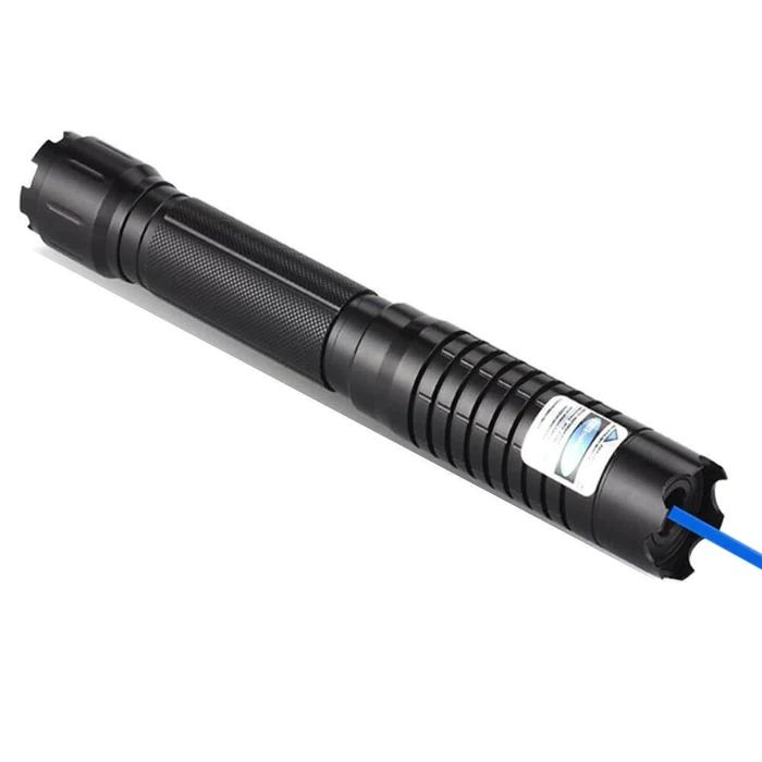 Front view of BlazeMaster Tactical Laser Torch, blue laser, sleek design, compact outdoor tool, technology & gadgets.