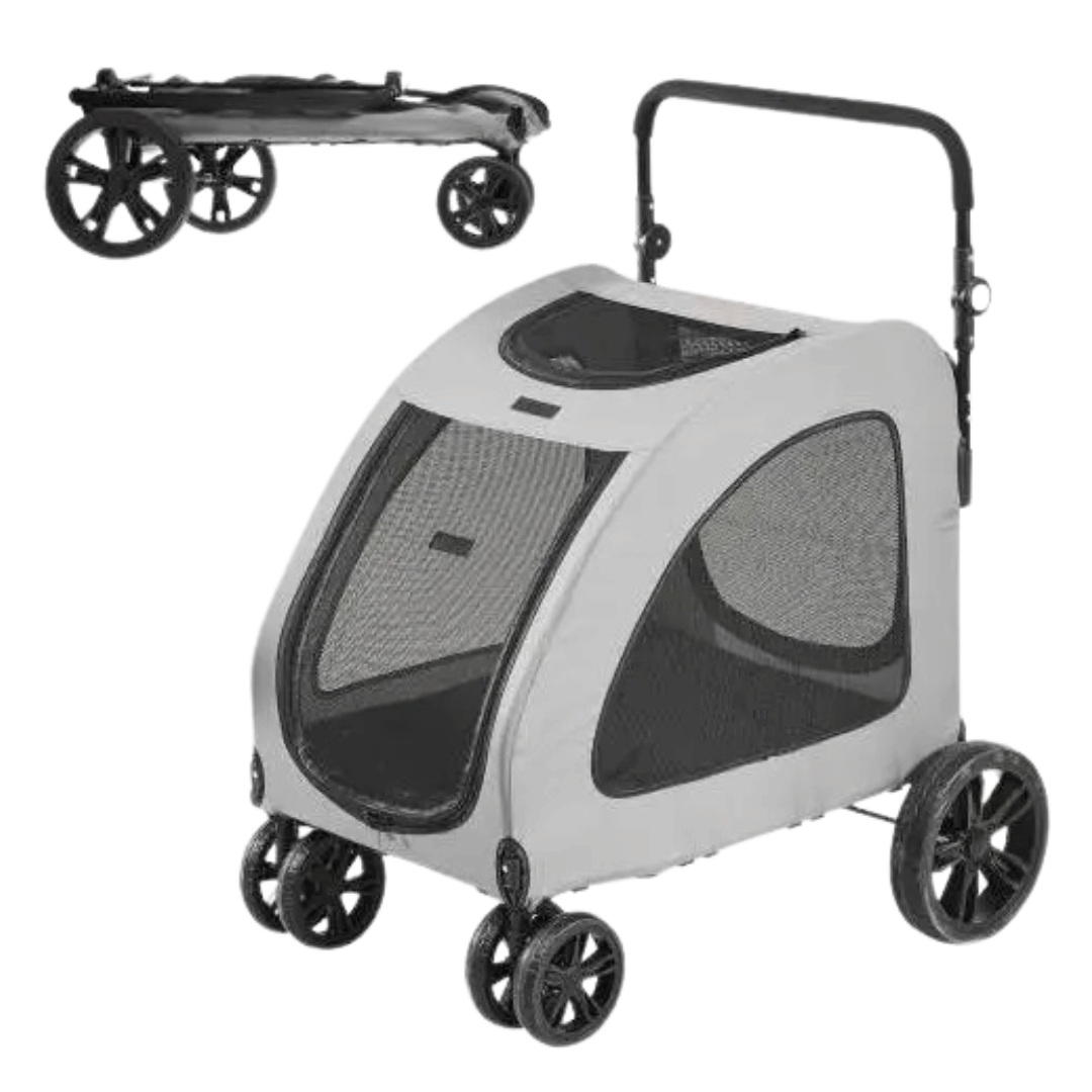 Front view of large dog stroller with mesh sides, spacious interior, and sturdy frame for pets up to 72kg.