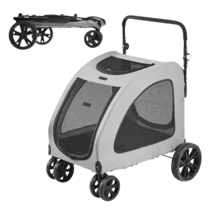 Front view of large dog stroller with mesh sides, spacious interior, and sturdy frame for pets up to 72kg.
