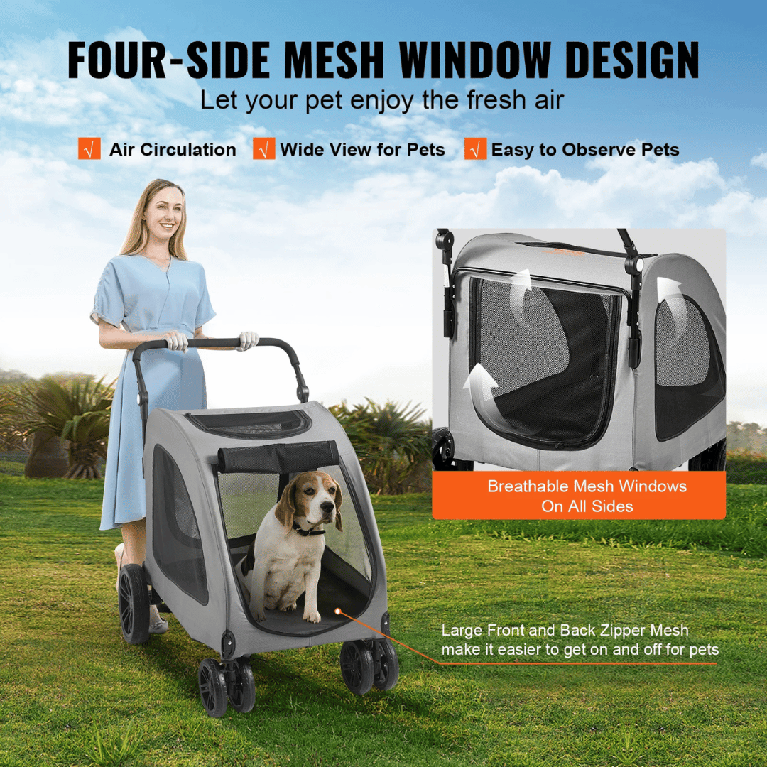 Front view of large dog stroller with mesh sides, spacious interior, and sturdy frame for pets up to 72kg.