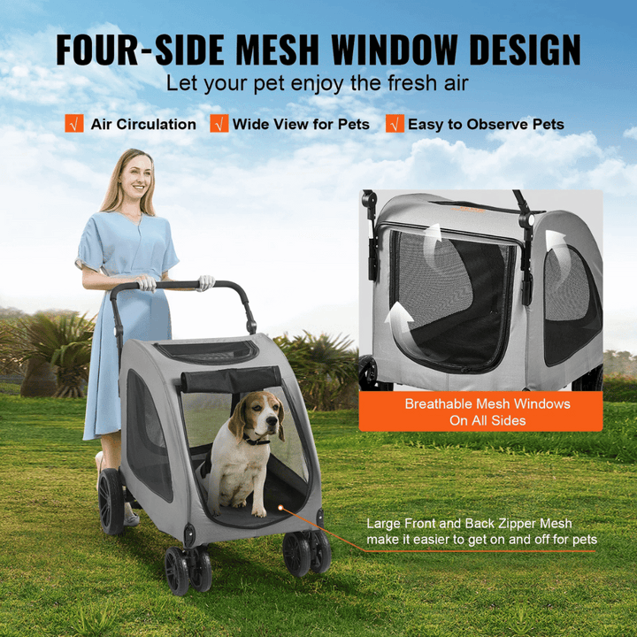 Front view of large dog stroller with mesh sides, spacious interior, and sturdy frame for pets up to 72kg.