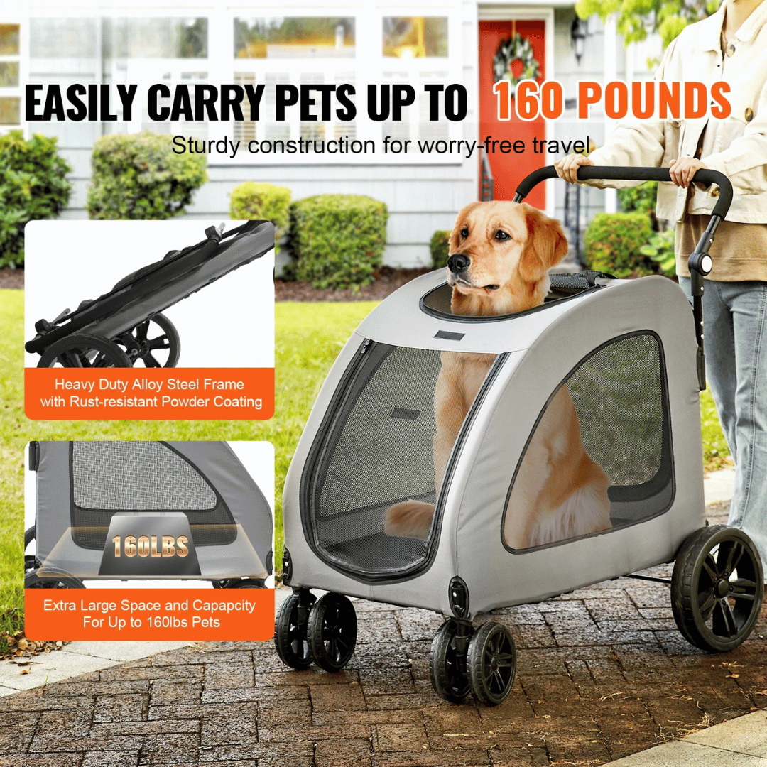 Front view of large dog stroller with mesh sides, spacious interior, and sturdy frame for pets up to 72kg.
