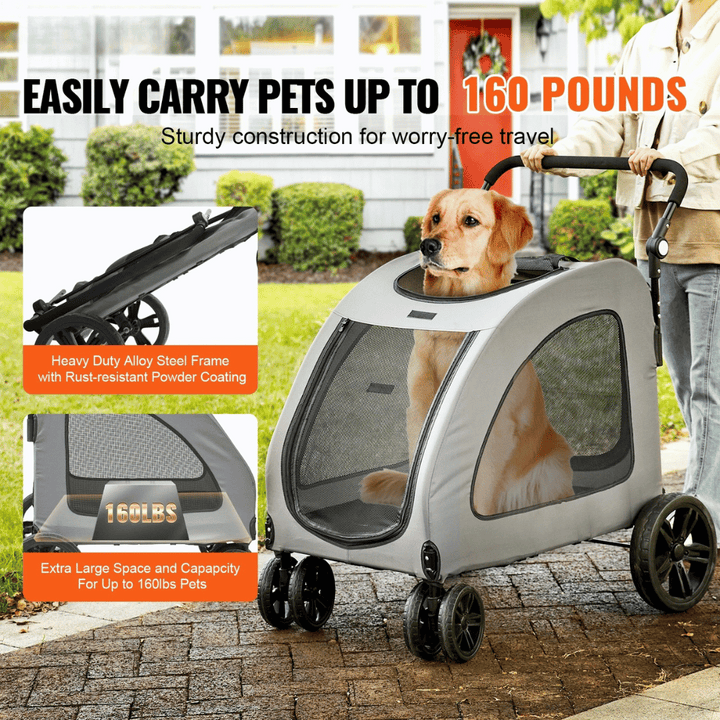 Front view of large dog stroller with mesh sides, spacious interior, and sturdy frame for pets up to 72kg.