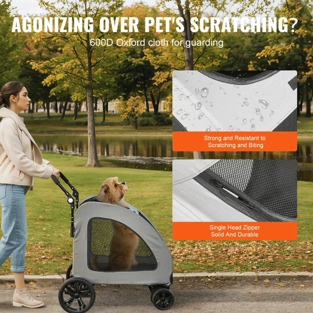 Front view of large dog stroller with mesh sides, spacious interior, and sturdy frame for pets up to 72kg.