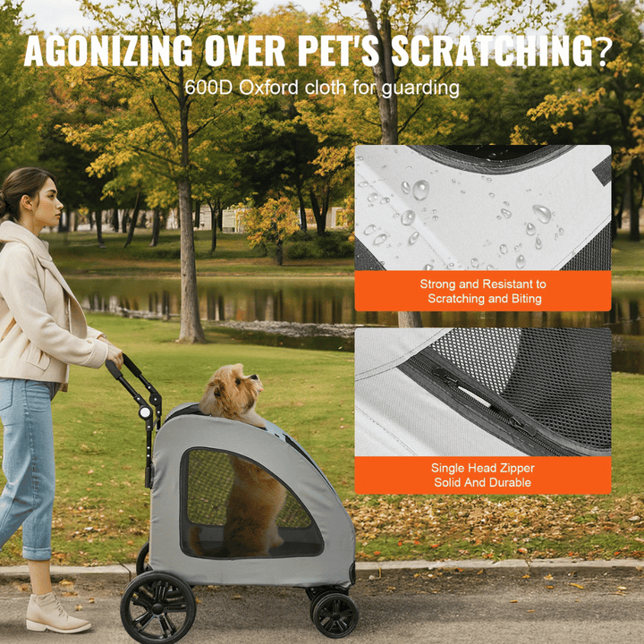 Front view of large dog stroller with mesh sides, spacious interior, and sturdy frame for pets up to 72kg.