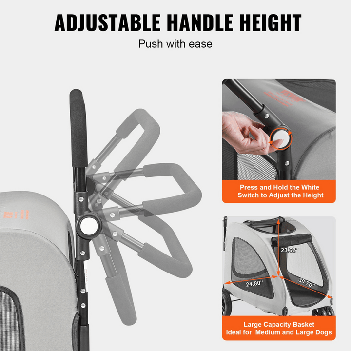 Front view of large dog stroller with mesh sides, spacious interior, and sturdy frame for pets up to 72kg.