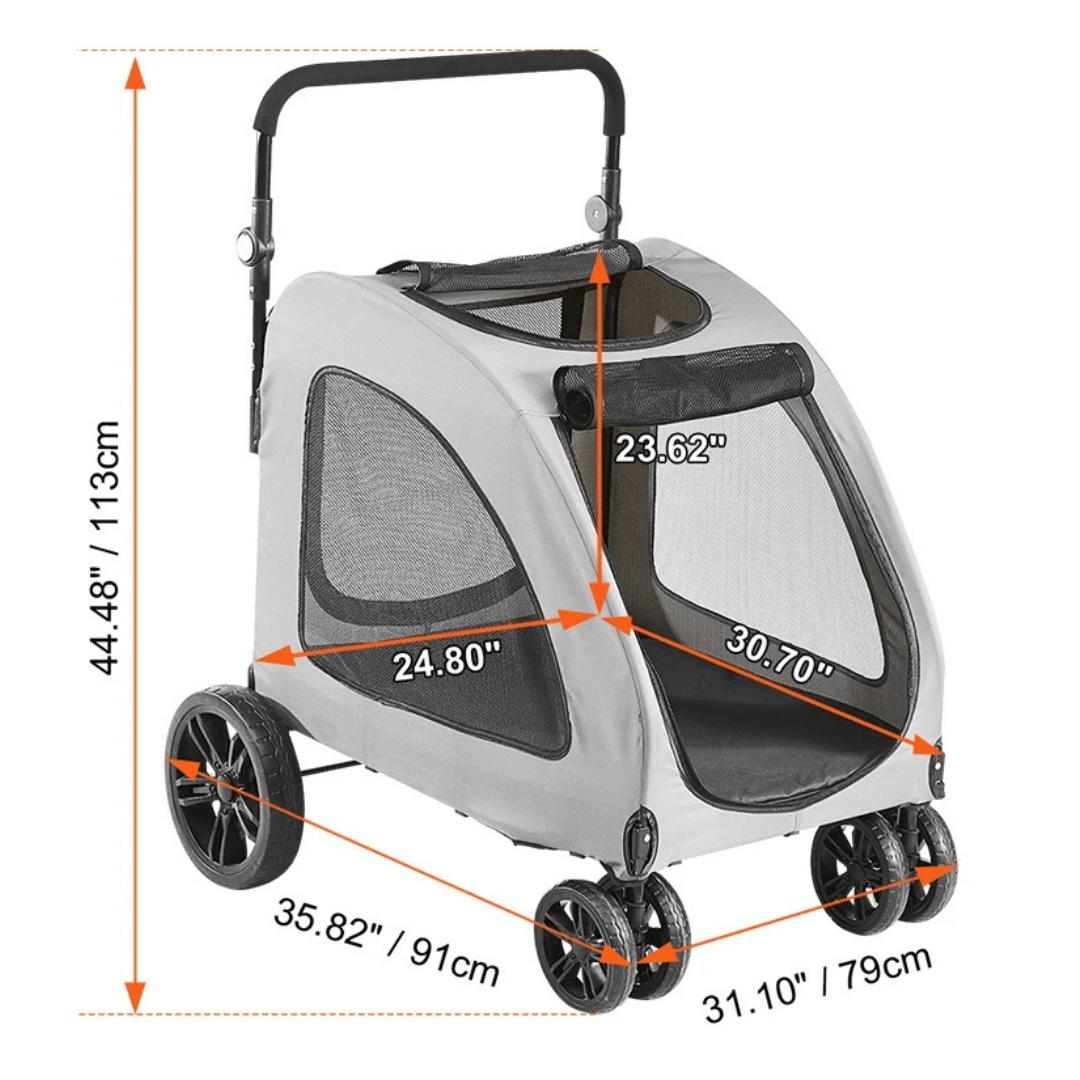Front view of large dog stroller with mesh sides, spacious interior, and sturdy frame for pets up to 72kg.