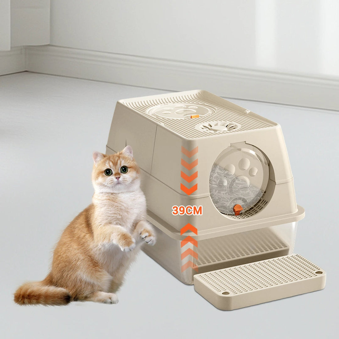 "Fully enclosed cat litter box with stainless steel tray, modern design, sleek enclosure, neutral colors, pet supplies."
