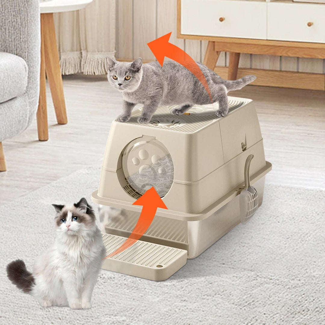 "Fully enclosed cat litter box with stainless steel tray, modern design, sleek enclosure, neutral colors, pet supplies."