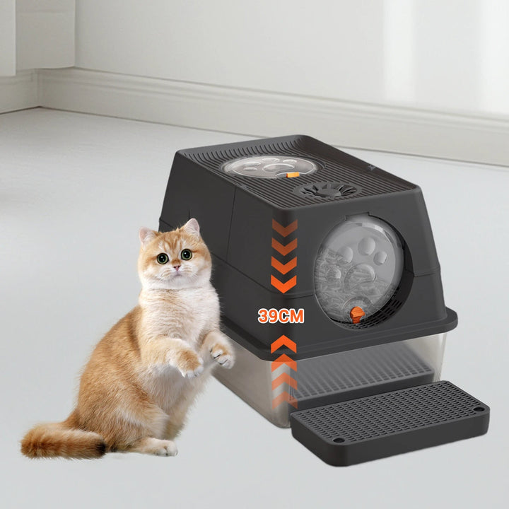 "Fully enclosed cat litter box with stainless steel tray, modern design, sleek enclosure, neutral colors, pet supplies."