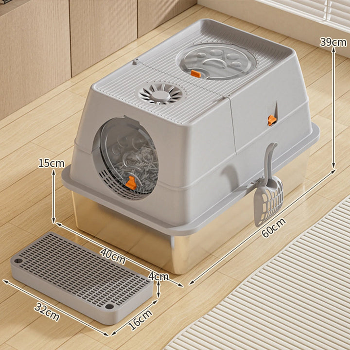"Fully enclosed cat litter box with stainless steel tray, modern design, sleek enclosure, neutral colors, pet supplies."