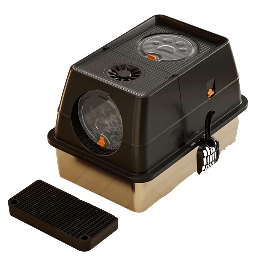 "Fully enclosed cat litter box with stainless steel tray, modern design, sleek enclosure, neutral colors, pet supplies."