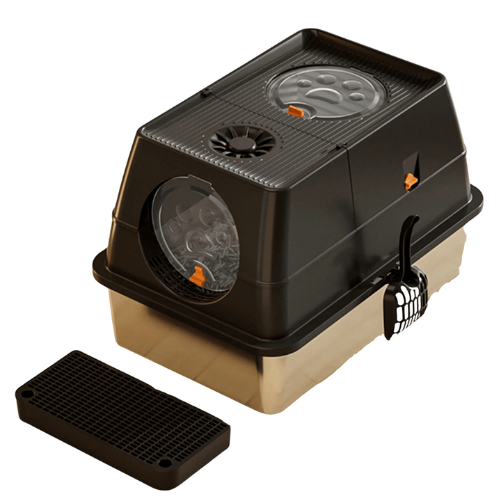 "Fully enclosed cat litter box with stainless steel tray, modern design, sleek enclosure, neutral colors, pet supplies."