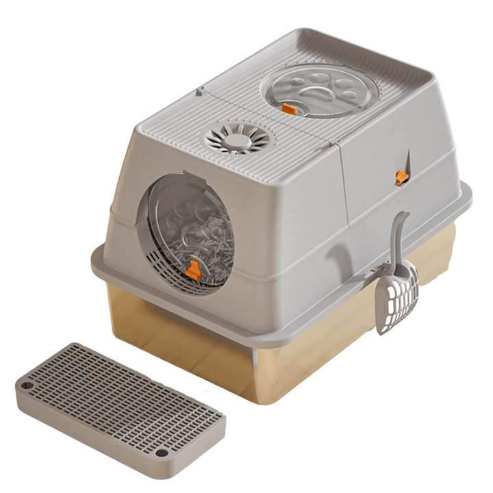 "Fully enclosed cat litter box with stainless steel tray, modern design, sleek enclosure, neutral colors, pet supplies."