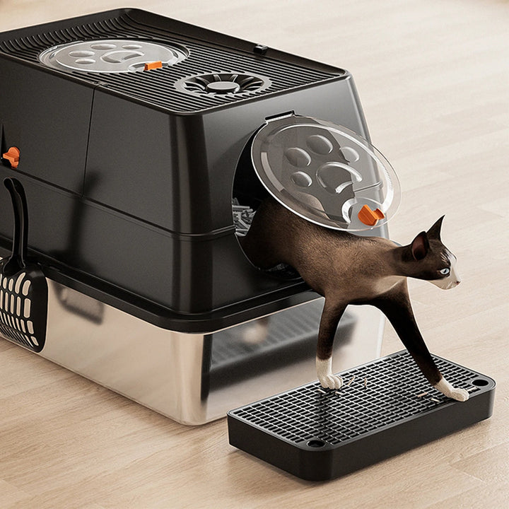 "Fully enclosed cat litter box with stainless steel tray, modern design, sleek enclosure, neutral colors, pet supplies."
