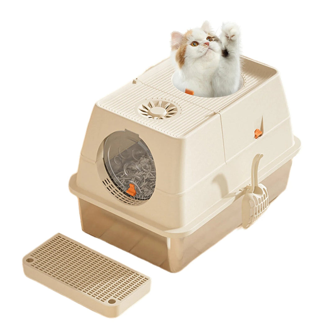 "Fully enclosed cat litter box with stainless steel tray, modern design, sleek enclosure, neutral colors, pet supplies."
