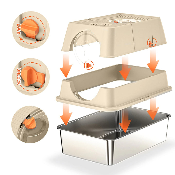 "Fully enclosed cat litter box with stainless steel tray, modern design, sleek enclosure, neutral colors, pet supplies."