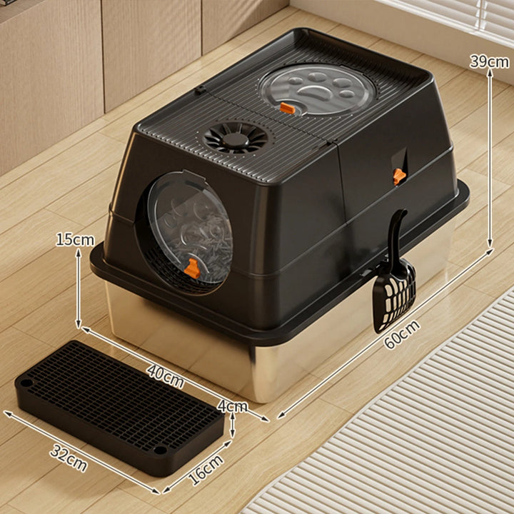 "Fully enclosed cat litter box with stainless steel tray, modern design, sleek enclosure, neutral colors, pet supplies."