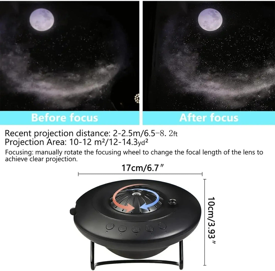 Galaxy projector displaying vivid night sky with 60,000 stars, compact design for home decor in kids and living rooms.
