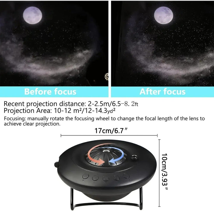 Galaxy projector displaying vivid night sky with 60,000 stars, compact design for home decor in kids and living rooms.