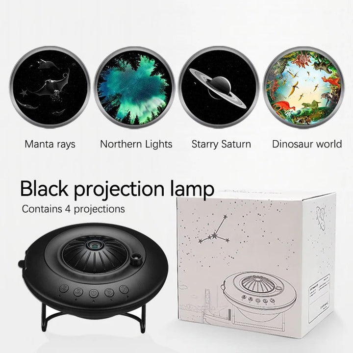 Galaxy projector displaying vivid night sky with 60,000 stars, compact design for home decor in kids and living rooms.