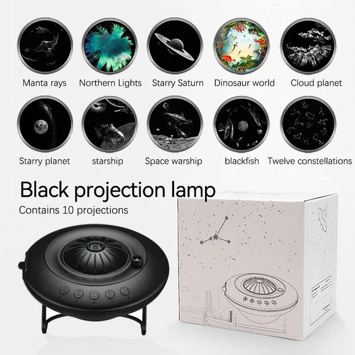 Galaxy projector displaying vivid night sky with 60,000 stars, compact design for home decor in kids and living rooms.