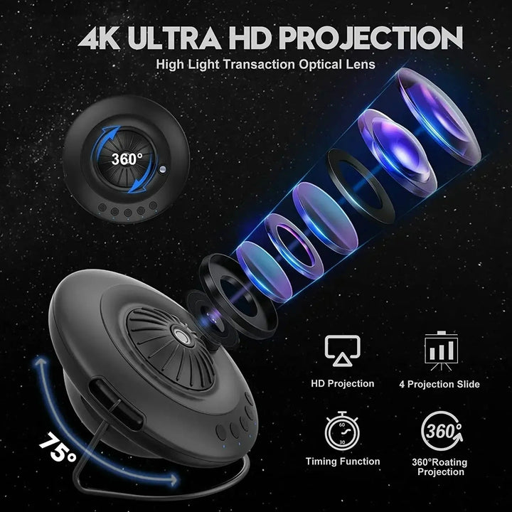 Galaxy projector displaying vivid night sky with 60,000 stars, compact design for home decor in kids and living rooms.