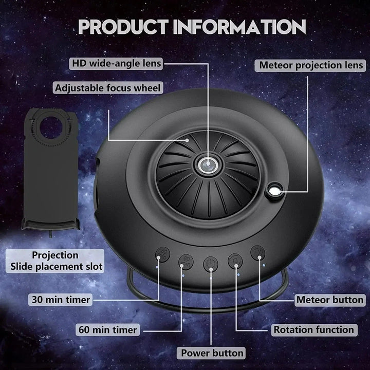 Galaxy projector displaying vivid night sky with 60,000 stars, compact design for home decor in kids and living rooms.