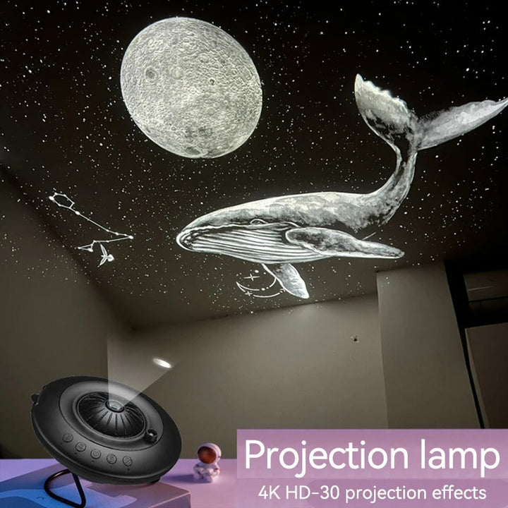 Galaxy projector displaying vivid night sky with 60,000 stars, compact design for home decor in kids and living rooms.