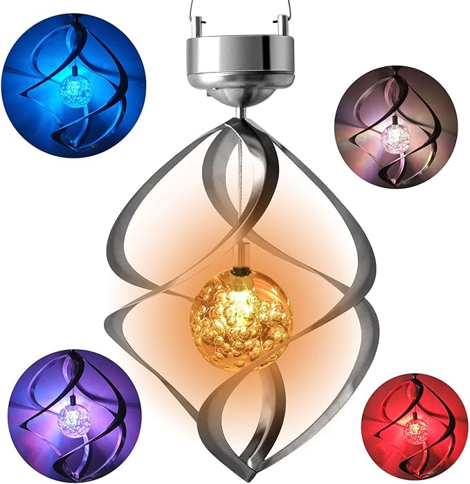 "Garden Colour-Changing Solar Wind Chimes with LED Lights, showcasing vibrant hues and melodic features for outdoor decor"