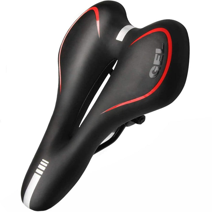 Gel bike saddle with gel cushioning, breathable design, durable black cover, ideal for comfortable long rides and reduced str