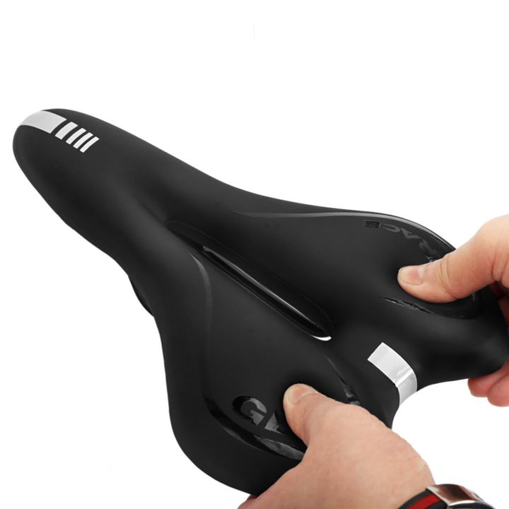 Gel bike saddle with gel cushioning, breathable design, durable black cover, ideal for comfortable long rides and reduced str