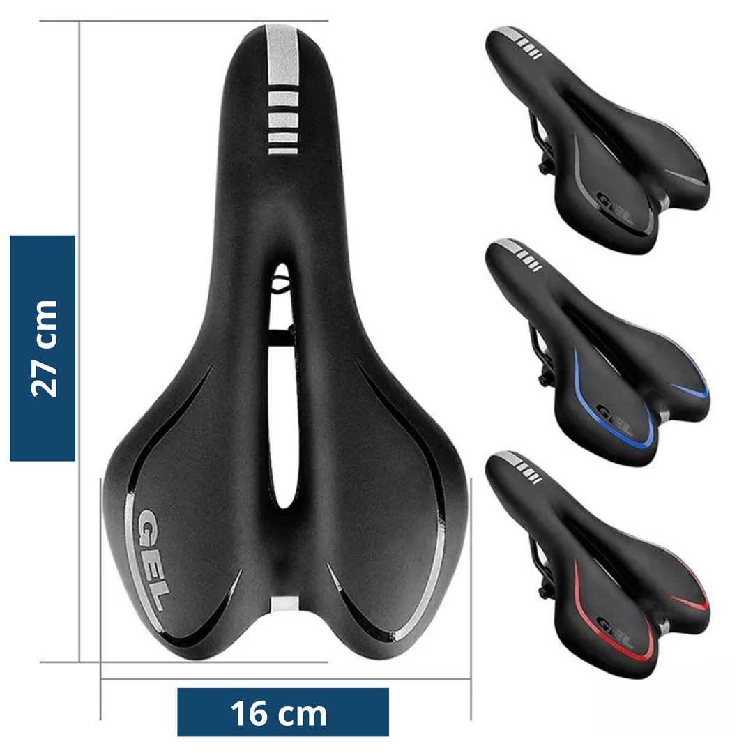 Gel bike saddle with gel cushioning, breathable design, durable black cover, ideal for comfortable long rides and reduced str