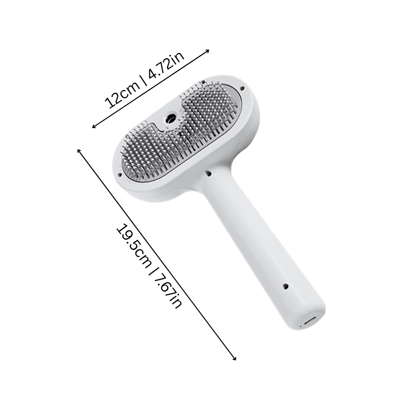 "Gentle grooming brush with spray for cats and dogs; soft round comb tips, anti-static, dampens coat, soothing on fur."