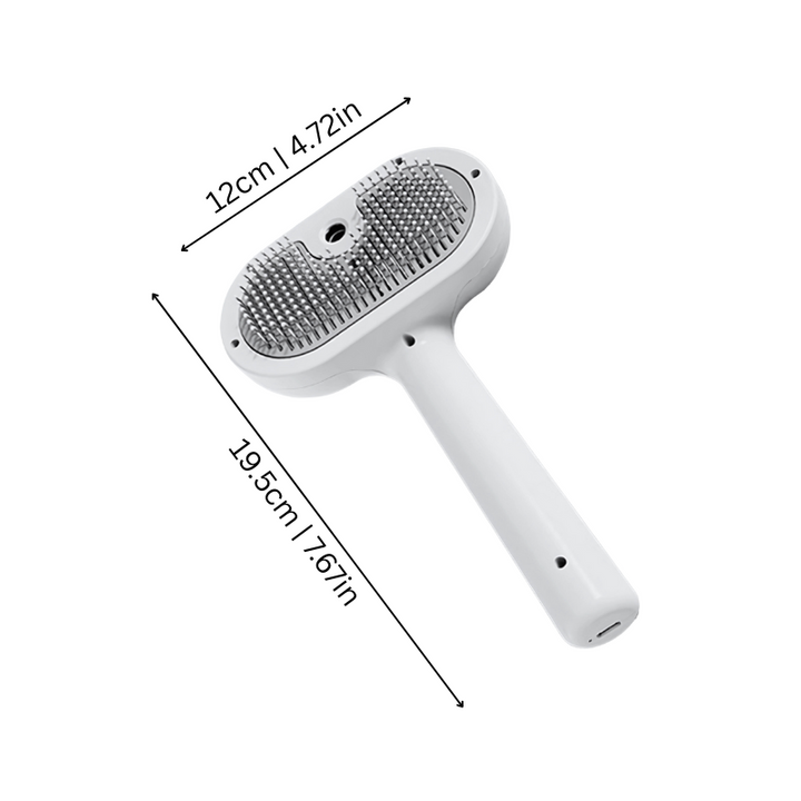 "Gentle grooming brush with spray for cats and dogs; soft round comb tips, anti-static, dampens coat, soothing on fur."