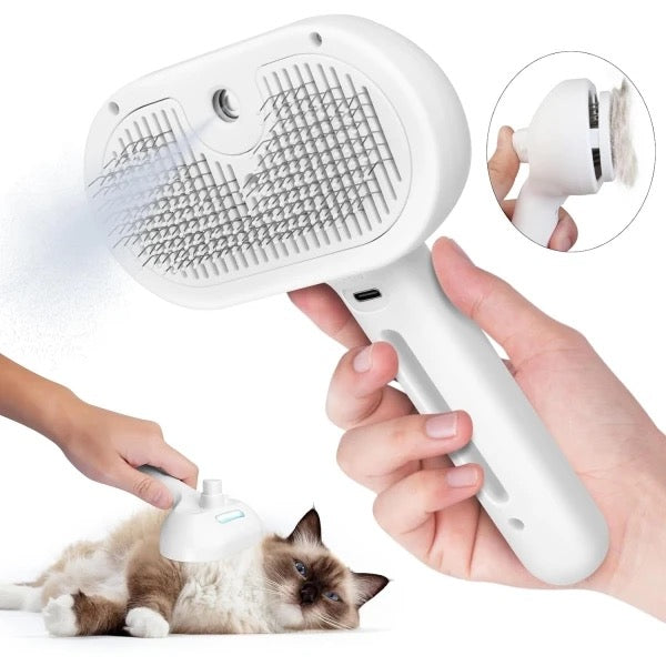 "Gentle pet grooming brush with steam function, vibrant pink, featuring soft bristles and ergonomic handle for easy use."