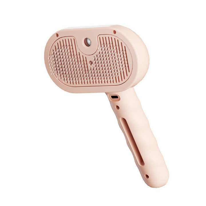 "Gentle pet grooming brush with steam function, vibrant pink, featuring soft bristles and ergonomic handle for easy use."