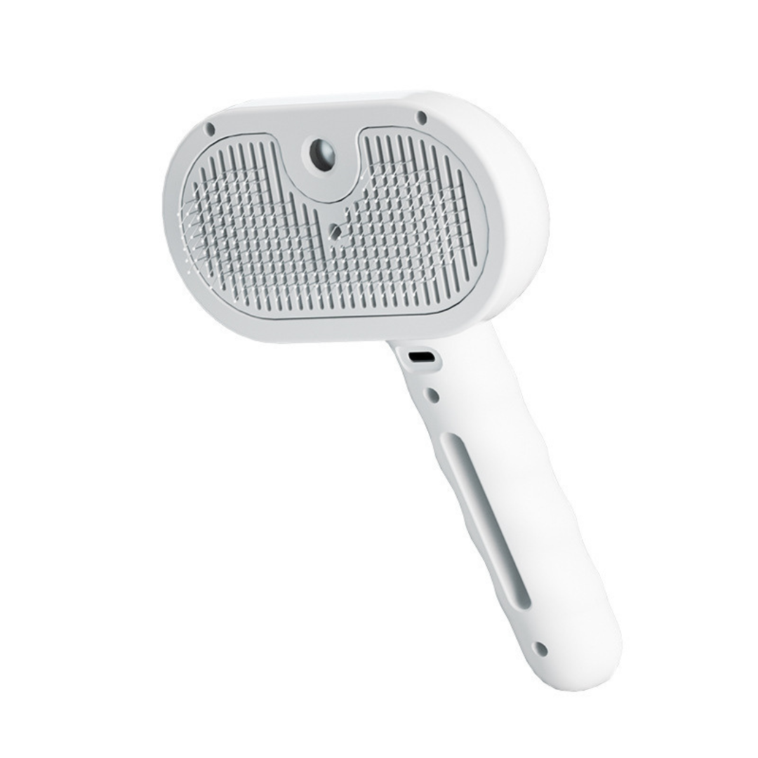 "Gentle pet grooming brush with steam function, vibrant pink, featuring soft bristles and ergonomic handle for easy use."