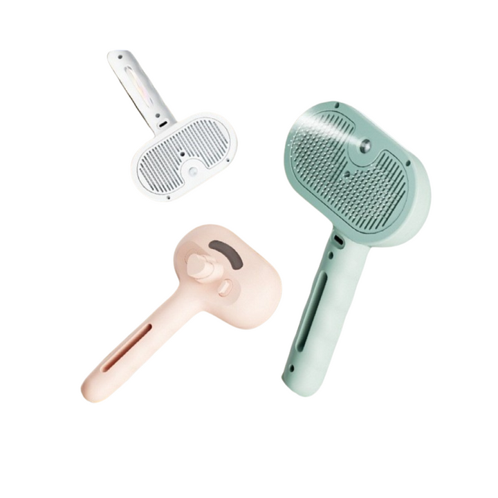 "Gentle pet grooming brush with steam function, vibrant pink, featuring soft bristles and ergonomic handle for easy use."