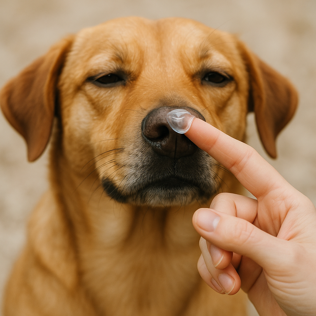"Gentle protection balm for dry dog noses, moisturizing cracked snouts, weather-resistant, quick absorption for comfort."