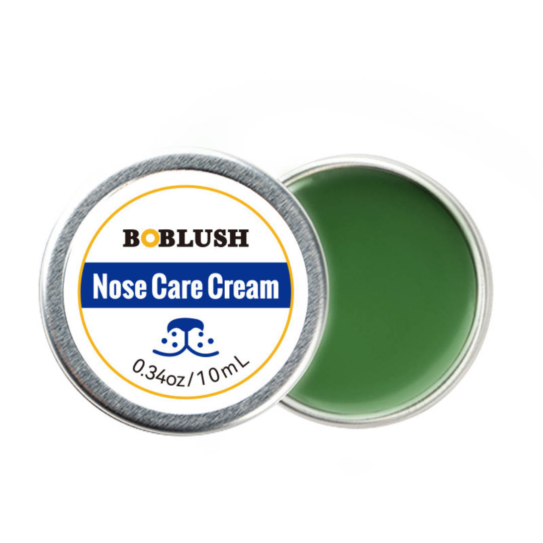 "Gentle protection balm for dry dog noses, moisturizing cracked snouts, weather-resistant, quick absorption for comfort."