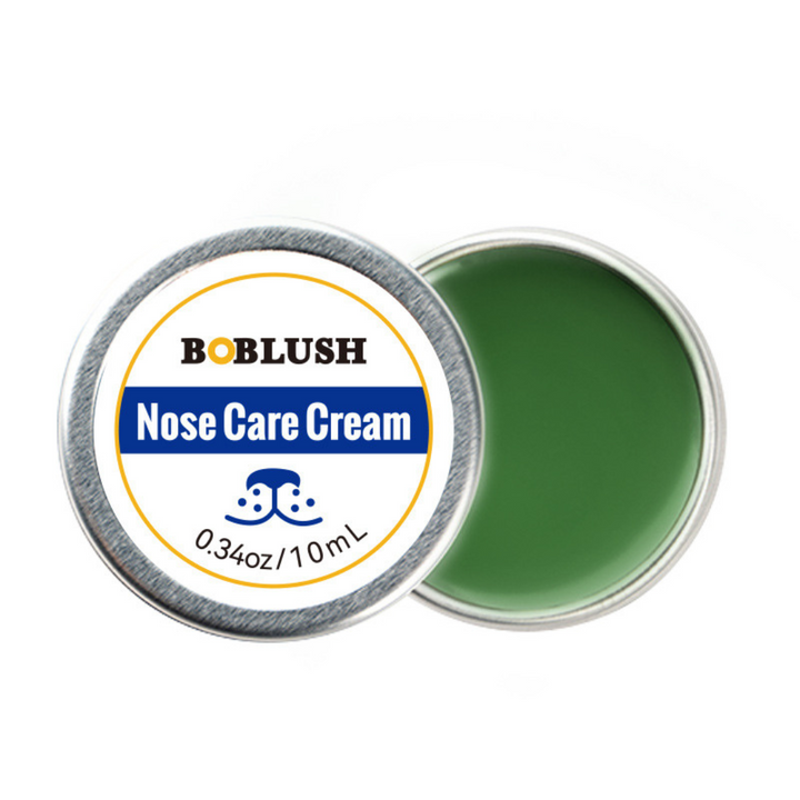 "Gentle protection balm for dry dog noses, moisturizing cracked snouts, weather-resistant, quick absorption for comfort."