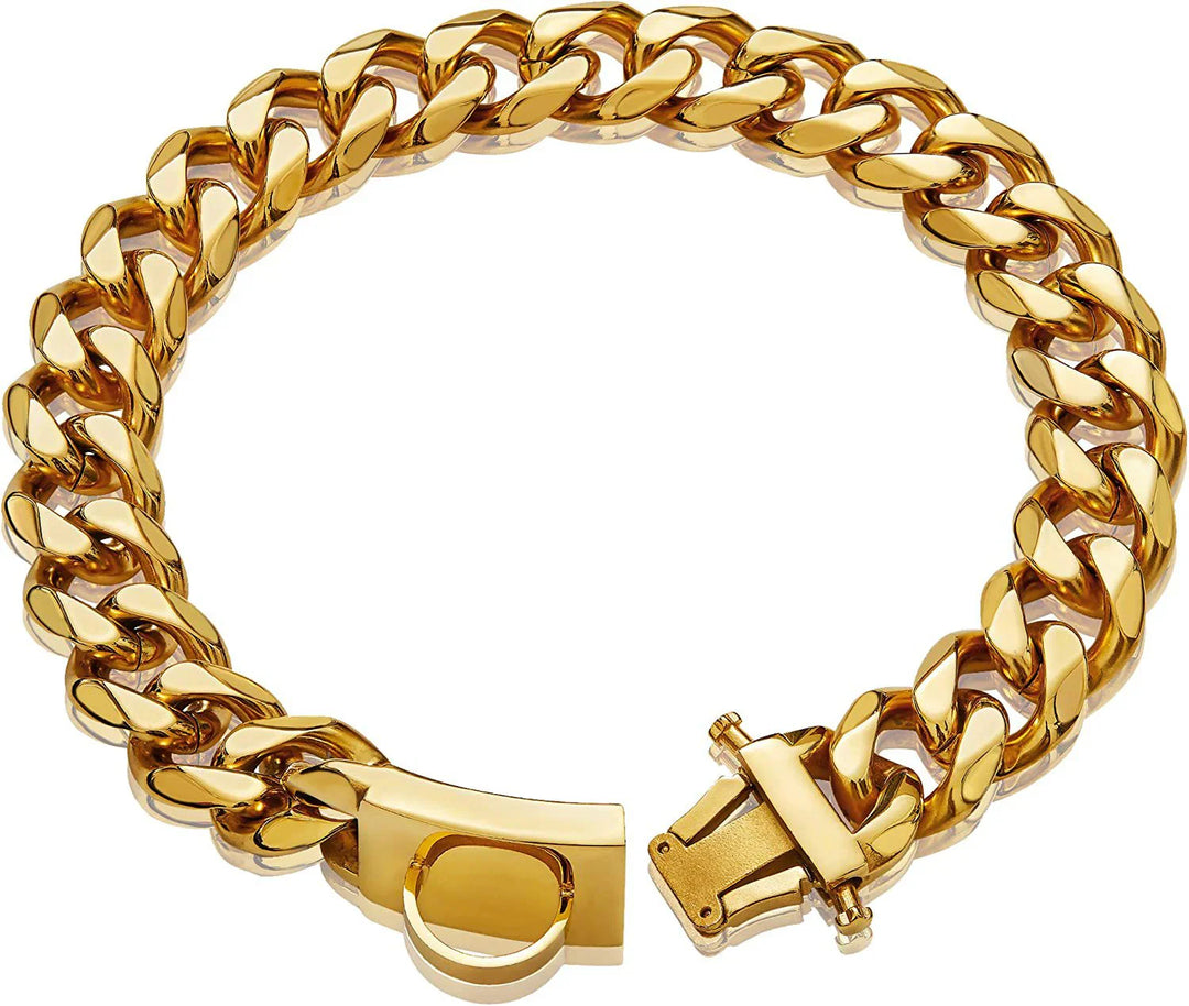 "Gold Titanium Steel Dog Collar for Medium & Large Breeds, durable, rust-resistant, and stylish pet accessory."