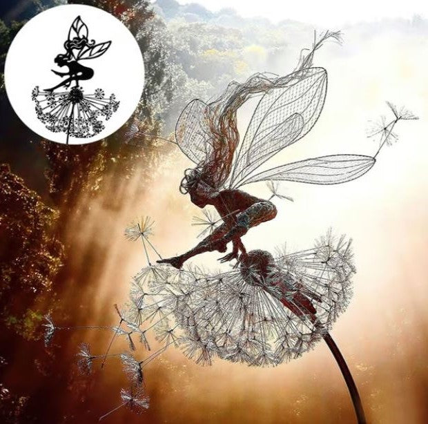Graceful steel sculpture of a fairy playing on a dandelion enhances garden charm. Outdoor decorative art. Weather-resistant.