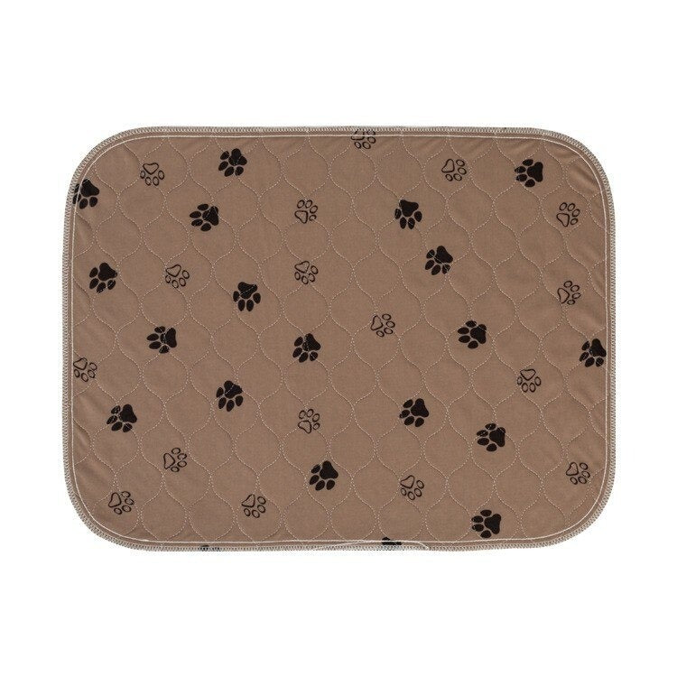 "Gray waterproof dog pee pad, washable and reusable, with bone and paw print. Available in multiple sizes for pet use."