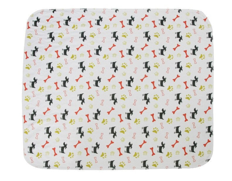 "Gray waterproof dog pee pad, washable and reusable, with bone and paw print. Available in multiple sizes for pet use."